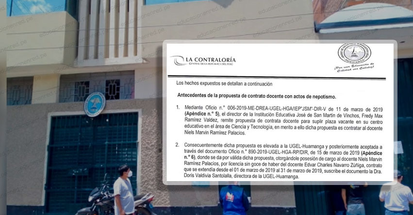 Director de la UGEL Huamanga estaría involucrado en caso de nepotismo en la escuela José de San Martín de Vinchos, según informe de la Contraloría