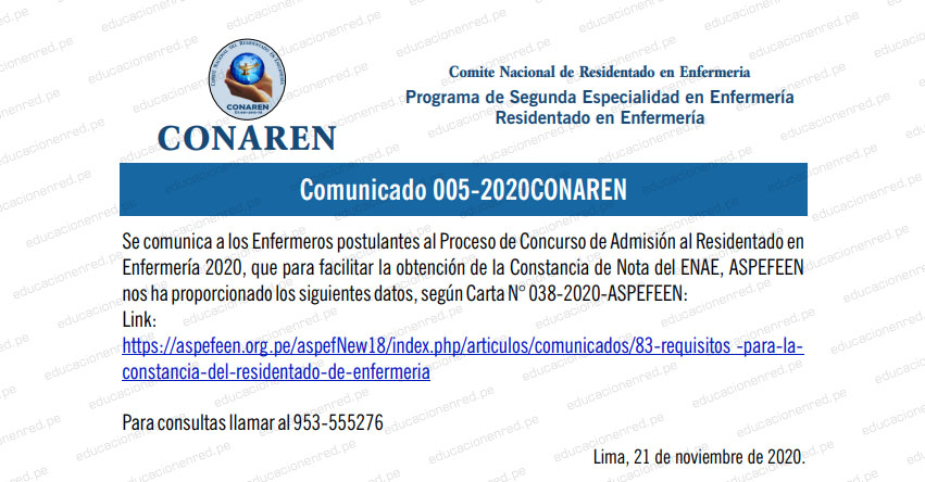 CONAREN: Certificado de Residente de Enfermería (Certificado de Nota de ENAE, ASPEFEEN 2020)