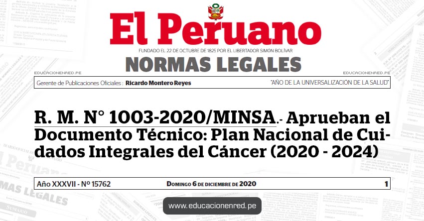 RM N° 1003-2020 / MINSA.- Se aprueba el Documento Técnico: Plan Nacional de Atención Integral del Cáncer (2020 - 2024)