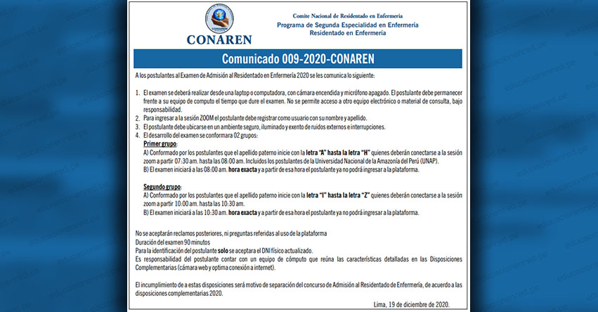 COMMUNICATE CONAREN: Precisiones para el Examen de Admisión para Enfermería Residente 2020 (COMMUNICATE 009-2020-CONAREN) www.conaren.org.pe